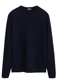 Sweat-shirt à col rond bleu marine en tissu gaufré, avec manches raglan et poignets et ourlet côtelés.