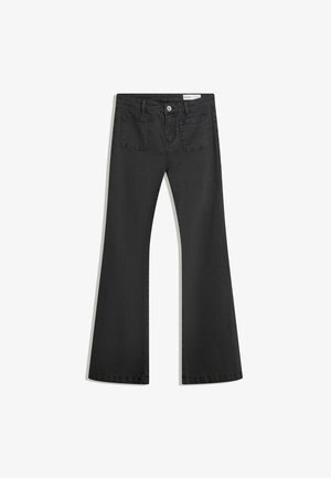 Crne široke traperice od denima s glatkom teksturom, s dva stražnja džepa i kopčanjem na dugme u struku.