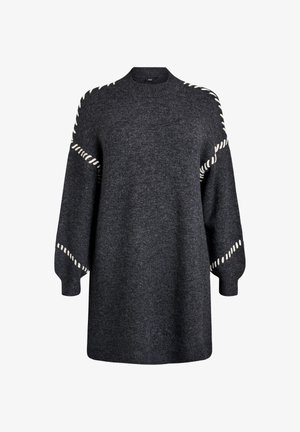 Donkergrijze gebreide trui met een ronde hals, oversized silhouet en decoratieve witte stiksels langs de mouwen en zijkanten.