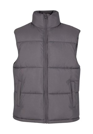 Grå polstret vest med høj krave og frontlynlås, der har vandrette sømme og sidelommer. Glat, letvægtsmateriale.