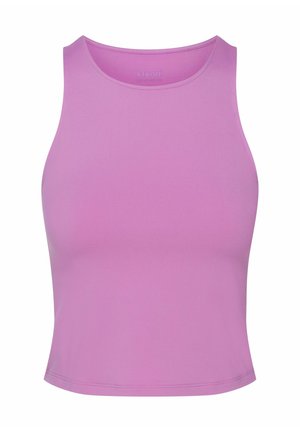 Fioletowy bezrękawnik crop top wykonany z elastycznej tkaniny, z wysokim dekoltem i dopasowanym krojem oraz starannie wykonanymi szwami.