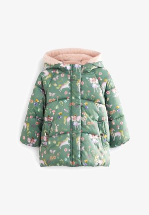 Vihreä toppatakki lapsille, jossa on vaaleanpunainen fleecevuori hupussa. Takki on koristeltu yksisarvisilla, keijuilla, perhosilla, kukilla ja sienillä.