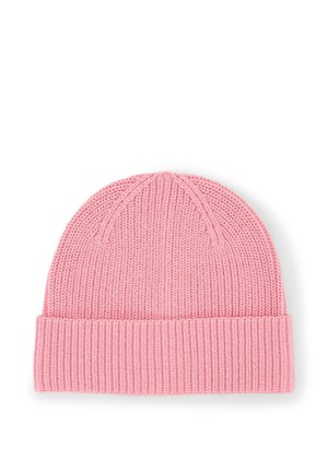 Pink knitted beanie hat with a folded brim, featuring a ribbed texture and visible seam patterns on white background.