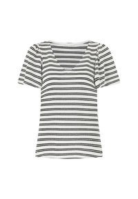 Top a righe bianche e nere con maniche corte, caratterizzato da scollatura a V, tessuto testurizzato e design aderente con spalle a sbuffo.