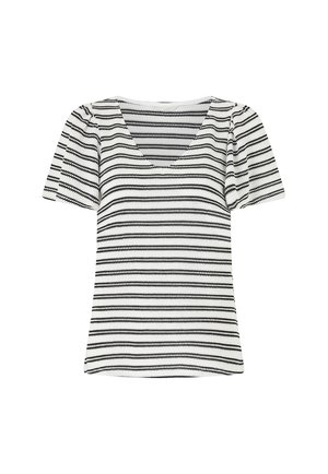 Sort-hvid stribet kortærmet top med V-hals, struktureret stof og tætsiddende design med puffede skuldre.