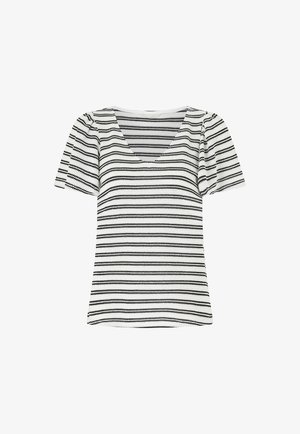 Sort-hvid stribet kortærmet top med V-hals, struktureret stof og tætsiddende design med puffede skuldre.