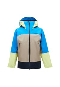 Bunte wasserdichte Jacke mit blauem Oberteil, beigem Mittelteil, limegrünen Ärmeln und navyfarbenem unteren Bereich, mit durchgehendem Reißverschluss und Taschen.