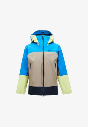 Giacca impermeabile colorata con parte superiore blu, sezione centrale beige, maniche verde lime e parte inferiore blu scuro, dotata di zip frontale e tasche.