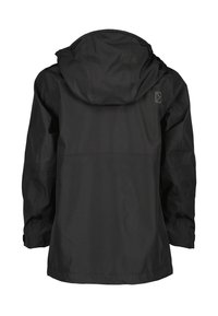 Czarna wodoodporna kurtka z kapturem, o gładkiej fakturze, z długimi rękawami i subtelnym logo na górnej części pleców.