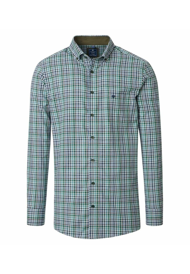 Overhemd met knoopsluiting, in een groen, blauw en wit ruitpatroon; lange mouwen; puntige kraag; en een klein logo op de borstzak.