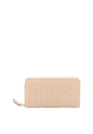 Beige zip-around wallet with evenly spaced small gold studs and a matching wrist strap on a white background.