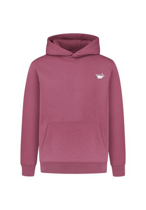 Lyserød hættetrøje lavet af blødt stof, med en frontlomme, en snoretrækshætte og et lille hvidt logo på brystet.