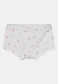 Culottes en coton blanc avec un motif de ours roses répété et de petits points roses. Tissu doux avec une taille élastique et une conception couvrante.