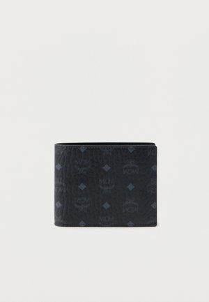 Black leather wallet featuring a textured surface, embossed logo pattern, and a classic bifold design. Compact and practical for everyday use.