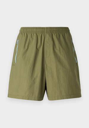 Olivgrüne Shorts mit elastischem Bund, seitlichen Reißverschlusstaschen und einem leichten, strukturierten Stoff.