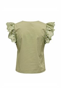 Blouse sans manches vert olive clair avec manches à volants festonnés en dentelle œillets et col rond, vue de dos.
