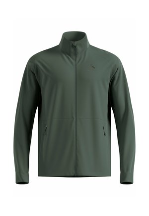 Olivgrüne Sportjacke mit hohem Kragen, durchgehendem Reißverschluss und zwei Seitentaschen; hergestellt aus glattem, leichtem Stoff mit matter Oberfläche.