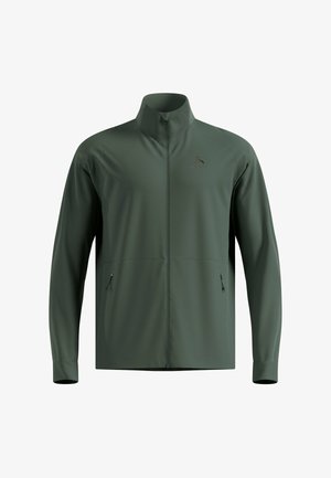 Olive green athletic jacket with a high collar, full zipper, and two side pockets; made of smooth, lightweight fabric with a matte finish.