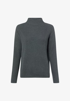 Grijze ribgebreide trui met een hoge hals, lange mouwen en een losse pasvorm. Heeft een gestructureerde stof en minimale details.