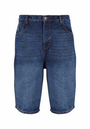 Mørkeblå denimshorts med en falmet finish. Har fem lommer, en frontknaplukning og syede detaljer langs sømmene.