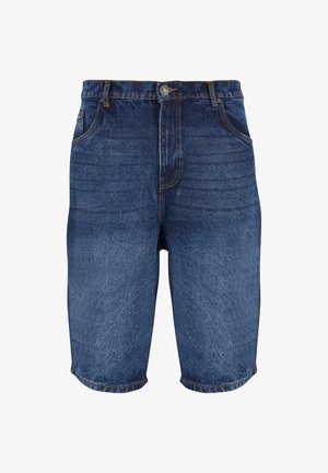 Denim shorts in dark blue with a faded finish. Features five pockets, a front button closure, and stitched detailing along the seams.