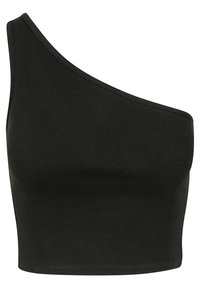 Zwarte geribbelde crop top met één schouderband en asymmetrische halslijn.