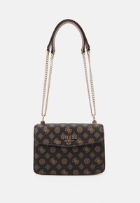 Black synthetic leather shoulder bag with gold chain accents; features a decorative logo pattern and a magnetic flap closure.