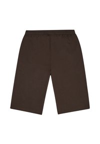 Pantaloni corti in cotone marrone con cintura elastica, taglio fino al ginocchio e senza tasche visibili o dettagli metallici, caratterizzati da una texture liscia.