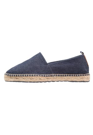 Scarpa espadrille in tela blu navy senza lacci con suola in corda di juta e fondo in gomma, vista laterale.