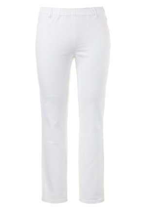 Witte, geweven broek met elastische tailleband, recht gesneden pijpen en subtiele textuur. Geen zichtbare zakken of hardwaredetails.