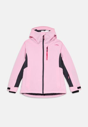 Giacca impermeabile rosa con cappuccio, dettagli neri sui lati e sulle maniche, chiusure a zip e due tasche anteriori. Presenta un design sportivo.