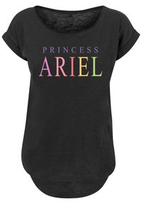 Juodas marškinėliai trumpomis pasukamomis rankovėmis, su užrašu "PRINCESS ARIEL" daugiaspalvėmis raidėmis. Minkšta medžiaga, laisva forma.