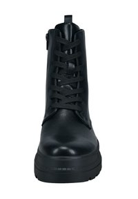 Schwarze Leder-Stiefeletten mit glatter Oberfläche, ausgestattet mit einer Schnürung an der Vorderseite, einem seitlichen Reißverschluss und einer dicken Gummisohle.