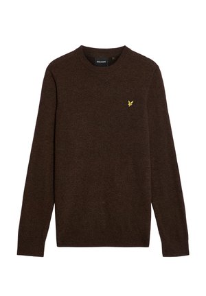 Pruun kootud kampsun ümara kaelusega, pikkade varrukatega ja vasakul rinnal väike kollase linnu logo. Pehme tekstuuri ja lõdva istuvusega.