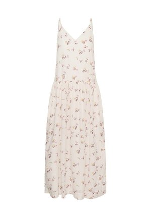 Vestido midi blanco sin mangas con tirantes finos y pequeño estampado floral en rosa y amarillo por todo el vestido.