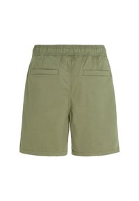 Olive green shorts with an elastic waistband, two back pockets, and a straight cut. Smooth texture and no visible patterns or accents.