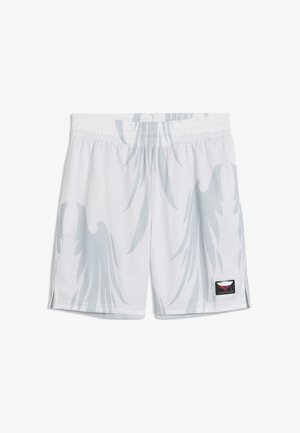 Weiße Mesh-Sportshorts mit einem dezenten grauen Flammenmuster und einem kleinen schwarzen Aufnäher mit rotem Logo am unteren linken Bein.