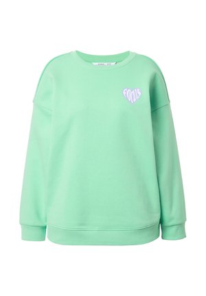 Sweatshirt vert menthe en tissu doux, avec un col rond et une coupe décontractée. Accentué par le texte blanc "FOCUS" en forme de cœur.