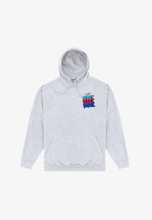 Sudadera con capucha de color gris claro, con bolsillo delantero y gráfico de texto colorido "Pepsi" en azul, rojo y azul claro en el lado izquierdo del pecho.