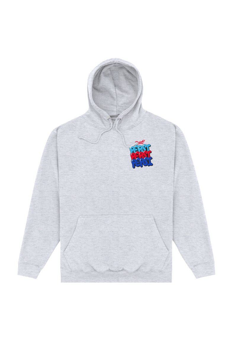 Sudadera con capucha de color gris claro, con bolsillo delantero y gráfico de texto colorido "Pepsi" en azul, rojo y azul claro en el lado izquierdo del pecho.