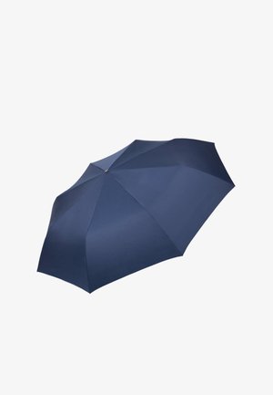 Ombrello blu navy con otto pannelli, caratterizzato da una texture liscia in tessuto e un meccanismo metallico centrale per l'apertura e la chiusura.