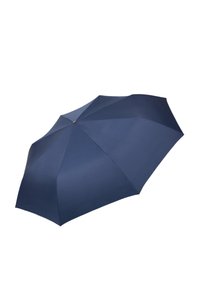 Paraguas azul marino con ocho paneles, que presenta una textura de tela suave y un mecanismo central de metal para abrir y cerrar.