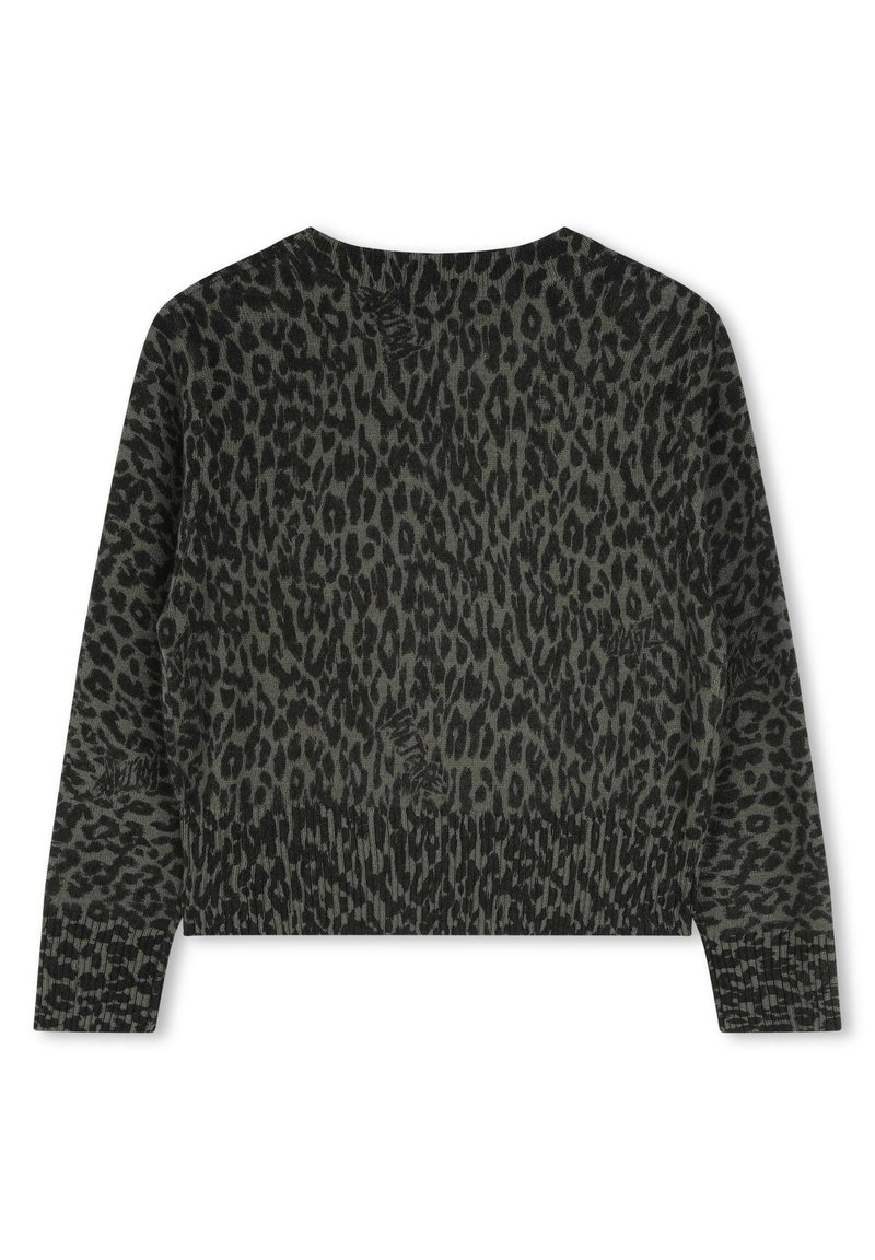 Pull en imprimé léopard vert foncé et noir, avec un col ras du cou simple et des poignets côtelés, doté d'une finition tricotée texturée.