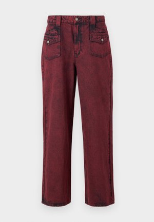 Red denim pants with a faded texture, straight leg design, front pockets, and a fitted waistband. Features black stitching accents.