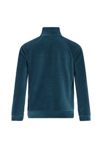 Sudadera de forro polar en color verde azulado oscuro, con cuello alto, mangas raglán y textura suave. Diseño sencillo sin herrajes ni patrones visibles.