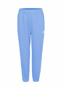 Pantalones jogger de color azul claro, hechos de una tela suave, con cintura elástica, tobillos ajustados y un pequeño detalle de logo blanco.