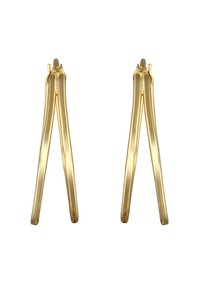 Goldfarbene Ohrringe mit einem eleganten, verlängerten Design, das eine glatte, polierte Oberfläche und zulaufende Enden aufweist.