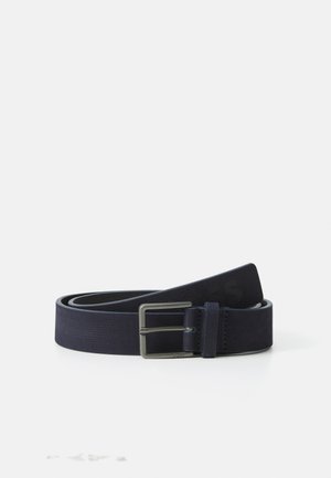 Navy fabric belt with a textured finish, featuring a silver metal double prong buckle and a stitched loop for adjustment.