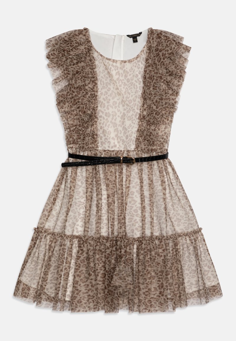 Φόρεμα με λεοπάρ μοτίβο από διάφανο καφέ ύφασμα, με ραμμένα μανίκια και μαύρη ζώνη στη μέση. Φουσκωτή φούστα με επαλείψεις.