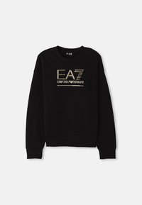 Zwarte sweatshirt met een opvallend gouden metallic logo "EA7 Emporio Armani" op de voorkant, met geribde mouwen en zoom.